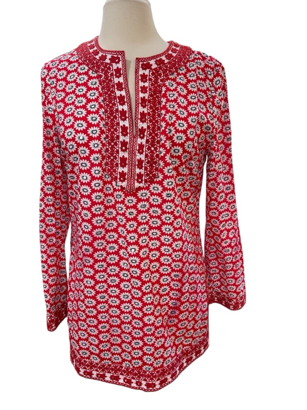 Tory Burch Jayne Tunic Top Nantucket Red Daisy Floral SZ 12 Red White Blue - Picture 3 of 8